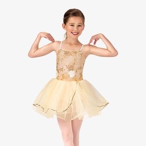 La Petite Ballerina Beaded Flower Camisole Tutu Costume Dress, Gold, Size Small